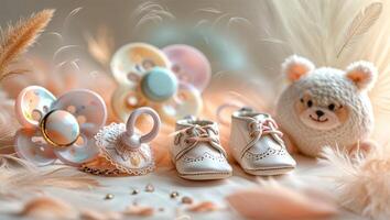 Delightful baby accessories arranged on a soft background with a teddy bear and pacifiers on a cozy surface photo