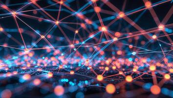 Digital network visualization with connected nodes during nighttime photo