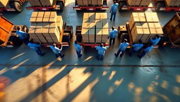 Workers organizing and stacking cardboard boxes onto trucks during daylight at a busy shipping dock photo