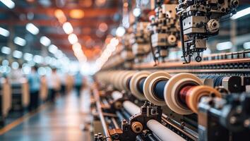 Machinery operates in a textile factory during the day, showcasing advanced production technology and efficiency in manufacturing photo