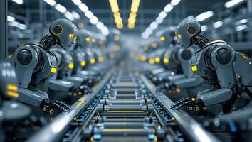 Robots working on an assembly line in a modern manufacturing facility during daytime operations photo