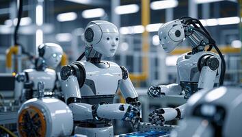 Robots collaborate on an assembly line during a modern industrial operation in a high-tech facility photo