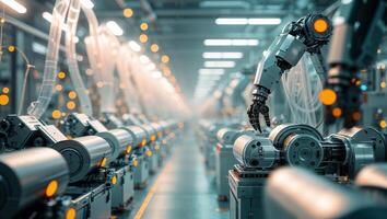 Robotic arms assembling machinery in a modern industrial factory during daytime operations photo