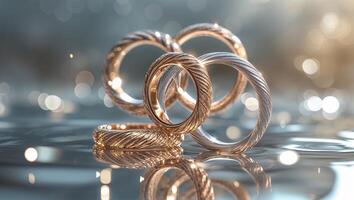 Elegant collection of intertwined rings displayed on shimmering water surface photo