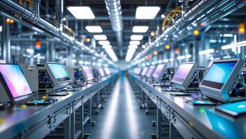 High-tech assembly line with computer monitors and bright lighting in a modern industrial facility during the day photo