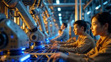 Advanced robotic assembly line showcasing workers collaborating with machines in a modern factory setting photo