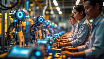 Advanced automation in a modern factory setting with robots and workers collaborating on production tasks photo
