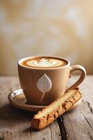 Warm cup of coffee with intricate latte art and a biscuit on a wooden table in a cozy setting photo