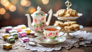 Delicate tea set arranged with cookies and sweets for an elegant afternoon gathering in a cozy setting photo