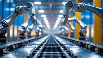 Advanced robotic arms operating on a factory assembly line with precision and efficiency in a modern industrial setting photo