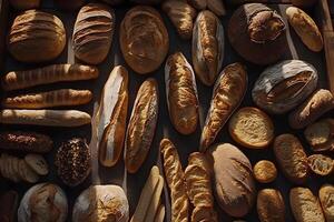 Assorted artisan breads, loaves, and rolls displayed on a dark surface, illuminated by sunlight. photo