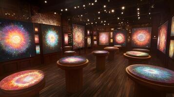 Art gallery interior with colorful cosmic paintings and illuminated tables. photo