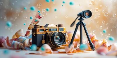 Vintage camera with tripod and film surrounded by colorful decorations in creative workspace photo
