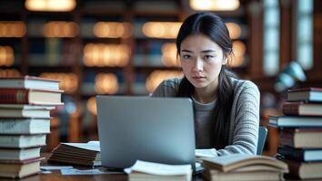 Focused student studying with laptop surrounded by books in a quiet library setting photo