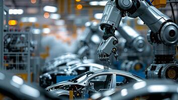 Modern robotic arm assembling cars in a high-tech factory environment during daytime photo