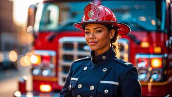 Female firefighter in uniform stands confidently in front of fire truck during golden hour in urban setting photo