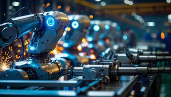 Advanced robotic arms automate manufacturing process in a high-tech factory environment at night photo