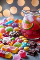 Colorful assortment of candies and drinks on a festive table with blurred lights in the background during a celebratory gathering photo