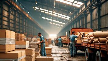 Workers load boxes and rolls of materials onto trucks inside a large warehouse during daylight hours photo