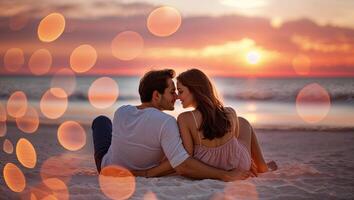 Couple enjoying a romantic sunset on the beach while sitting on the sand photo
