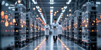 Engineers work diligently in a spacious manufacturing facility with advanced machinery and bright overhead lights photo