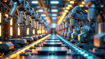 Advanced industrial robots working in an automated factory during a production cycle photo