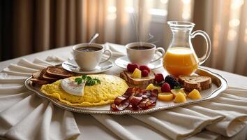 Delicious breakfast spread featuring omelet, bacon, fresh fruits, and coffee served in a cozy dining setting photo