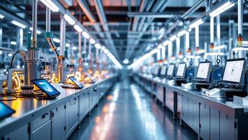 High-tech manufacturing facility showcasing advanced assembly line with multiple workstations for electronic devices photo