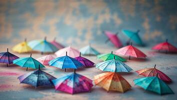 Colorful paper umbrellas arranged on a textured surface during a festive celebration in daylight photo