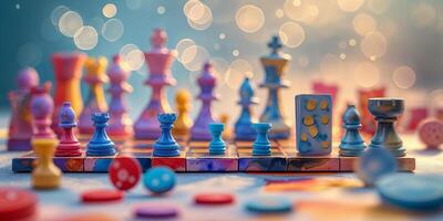 Colorful chess pieces arranged on a vibrant board with blurred lights in the background during a playful gathering photo