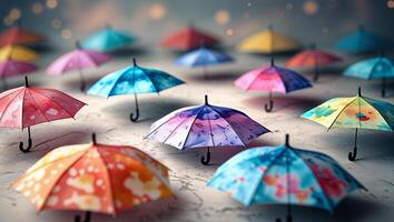 Colorful miniature umbrellas arranged on a textured surface create an enchanting visual display in soft lighting photo