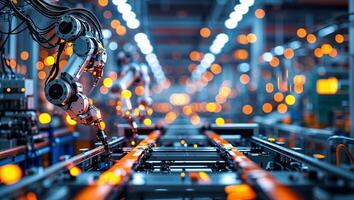 Robotic arms operate in a modern manufacturing facility during an efficient assembly line process at night photo