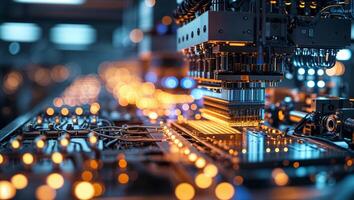 Advanced machinery operates on a manufacturing line with glowing lights and intricate components in a modern facility photo