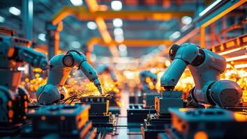 High-tech robotic arms performing automated assembly in a manufacturing facility during evening hours photo