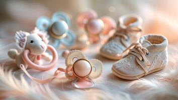 Baby accessories display featuring pacifiers, booties, and a toy lamb in a pastel-themed arrangement photo