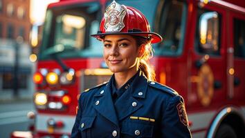 Firefighter in uniform stands confidently in front of fire truck during golden hour in urban area photo