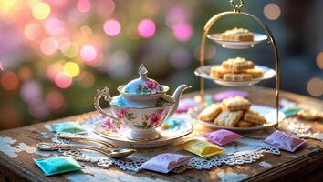 Elegant afternoon tea setting with floral teapot and assorted snacks during a cozy gathering photo