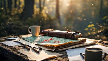 Planning an outdoor adventure with a detailed map and coffee at sunrise in a tranquil forest setting photo