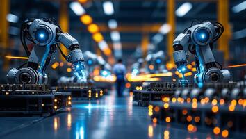 Advanced robotic arms operating in a modern manufacturing facility during evening hours photo