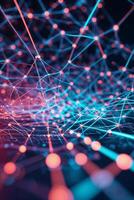 Digital network visualization with connected nodes during nighttime photo