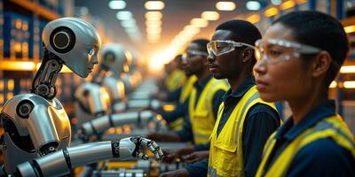 Workers and robots collaborating in a modern factory setting photo