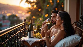 Romantic evening on a balcony with wine and grapes during sunset in a picturesque setting photo