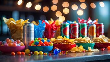 Colorful snacks and drinks arranged for a lively celebration at a casual gathering photo