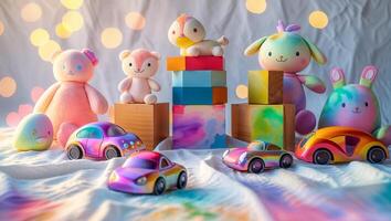 Colorful children's toys arranged on a soft surface with soft lighting and playful bokeh effects during daytime hours photo