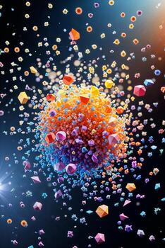 Dynamic visualization of abstract particles in vibrant colors against a dark backdrop illustrating scientific concepts of matter photo