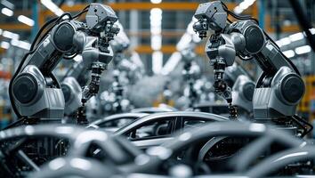 Advanced robotic arms assembling vehicles in a high-tech automotive factory during the day photo