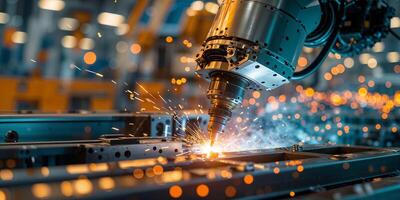 Robotic welder in action at an industrial facility during daylight, creating sparks and showcasing advanced manufacturing techniques photo