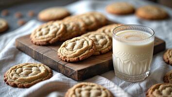 Delicious homemade cookies served on a wooden board with a glass of milk in a cozy kitchen setting photo