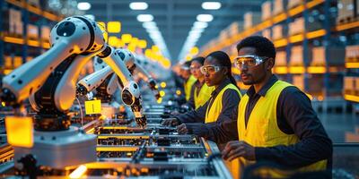 Workers collaborate with robotic arms in an industrial facility during a busy daytime shift photo