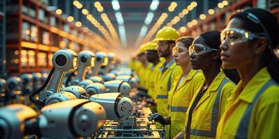 Workers and robots collaborate in an automated production facility during the morning shift photo